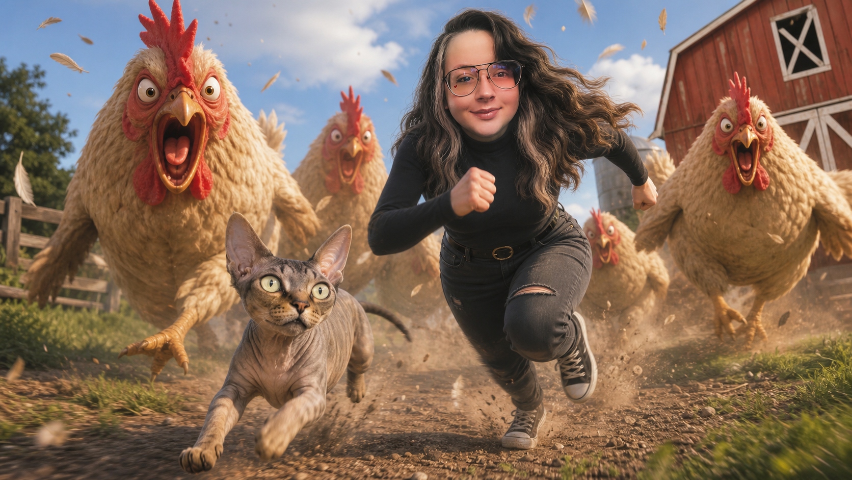 A woman and a cat sprinting down a farm path while several alarmingly determined chickens chase them.