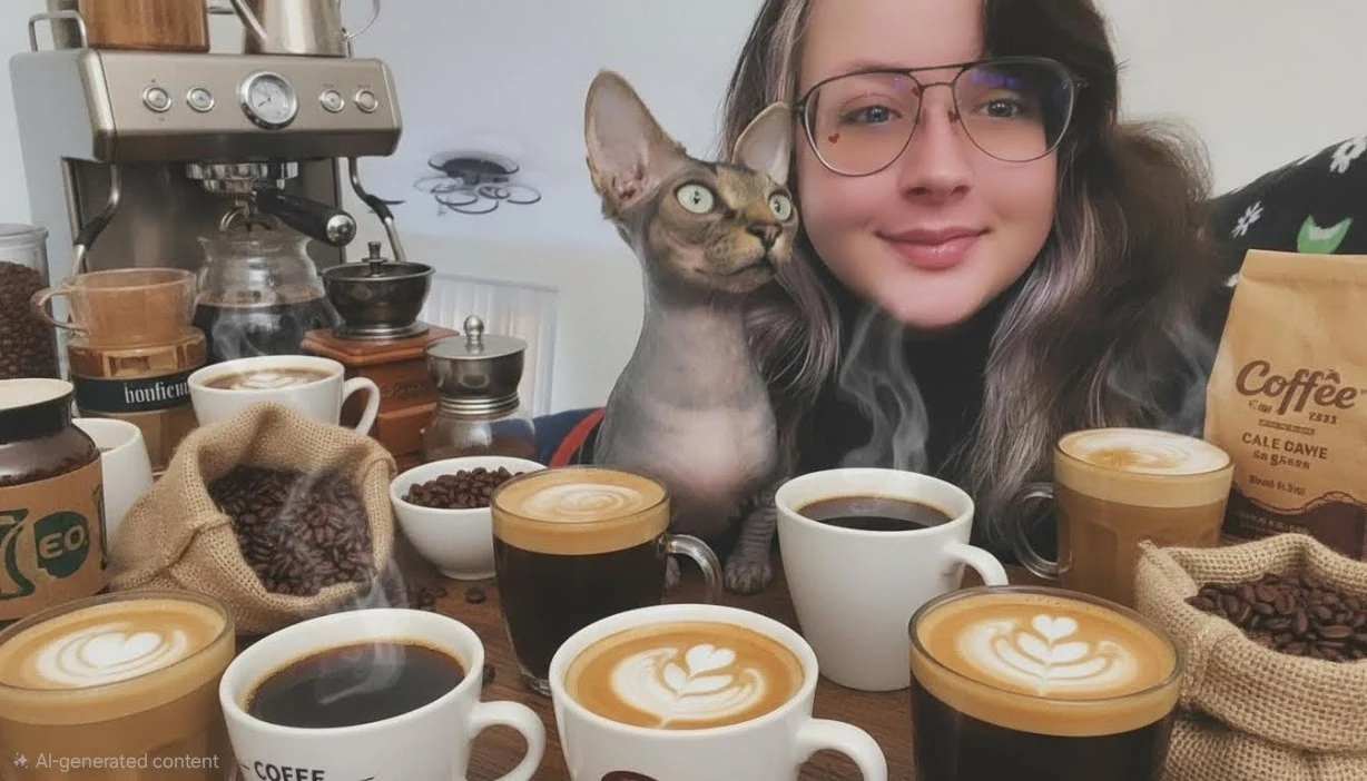 Patticake in a cozy coffee scene with a cat, placed front and center for the page hero.