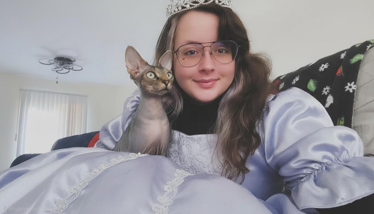 Princess Patticake in a lilac gown with her regal cat, front and center of the page.